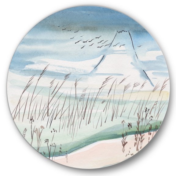 Designart 'Crane Birds Flying Over Snowy Montain' Traditional Circle Metal Wall Art 36x36 - Disc of 36