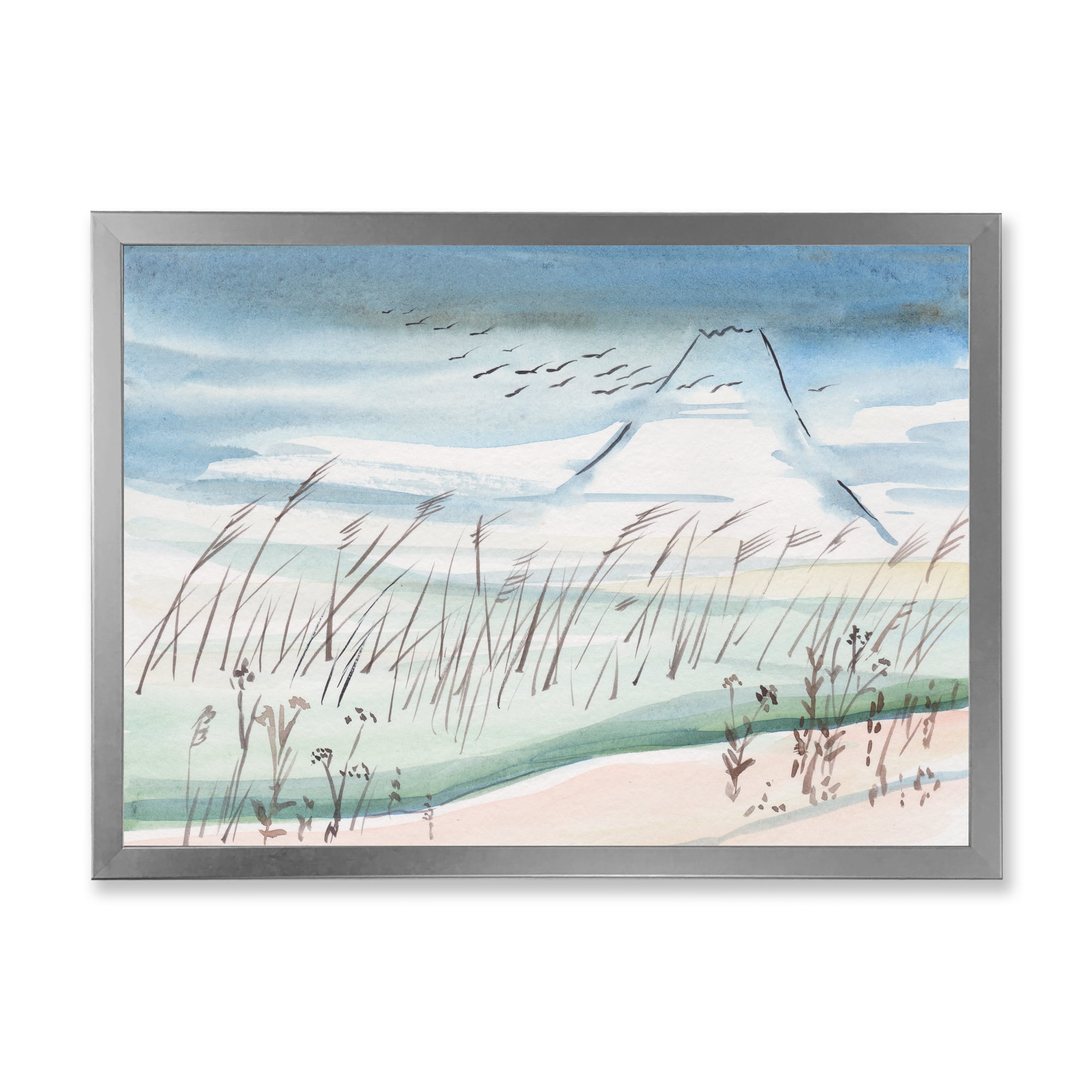 Designart 'Crane Birds Flying Over Snowy Montain' Traditional Framed Art Print