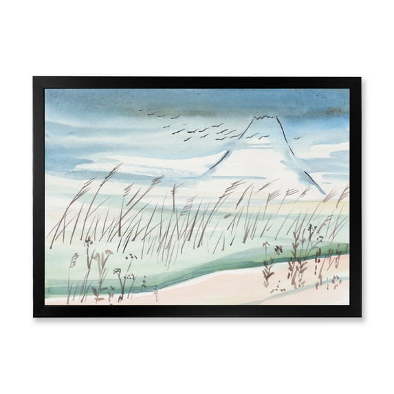 Designart 'Crane Birds Flying Over Snowy Montain' Traditional Framed Art Print