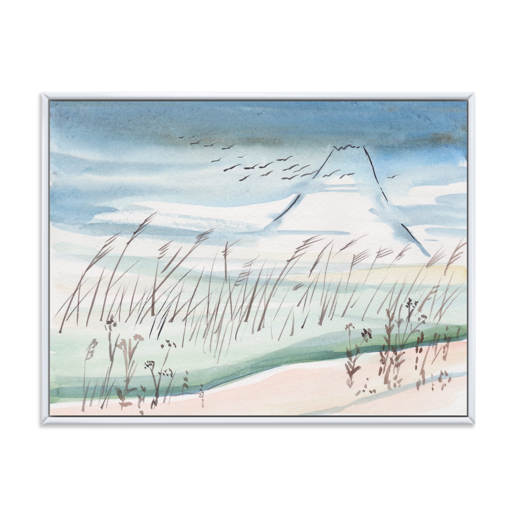 Designart 'Crane Birds Flying Over Snowy Montain' Traditional Framed Canvas Wall Art Print