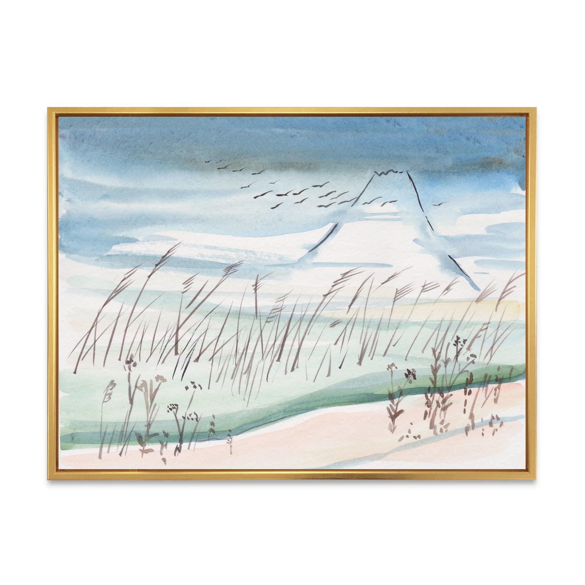 Designart 'Crane Birds Flying Over Snowy Montain' Traditional Framed Canvas Wall Art Print