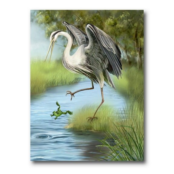 Designart ' Crane Hunting A Frog ' Farmhouse Canvas Wall Art Print