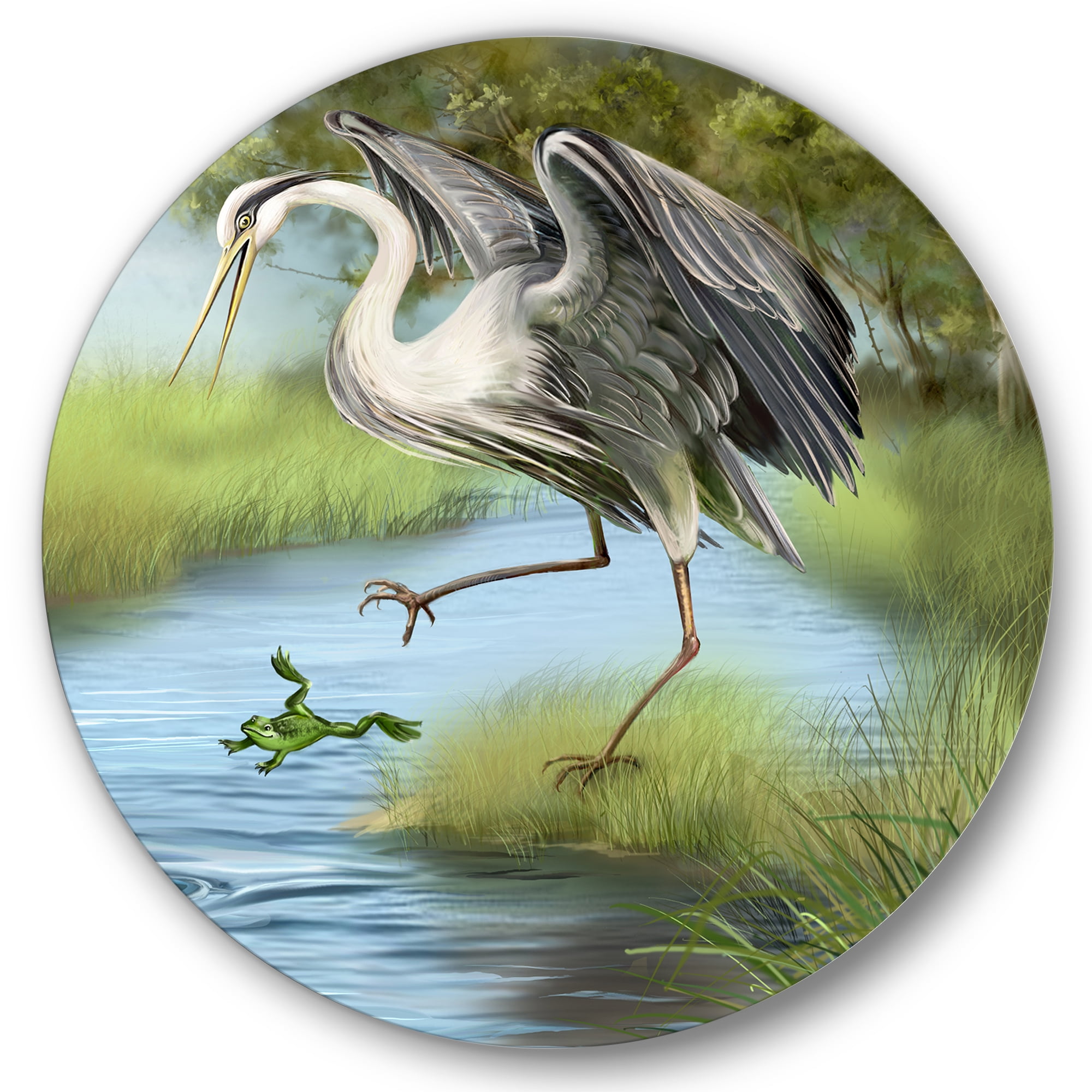 Designart 'Crane Hunting A Frog' Farmhouse Circle Metal Wall Art 29x29 - Disc of 29