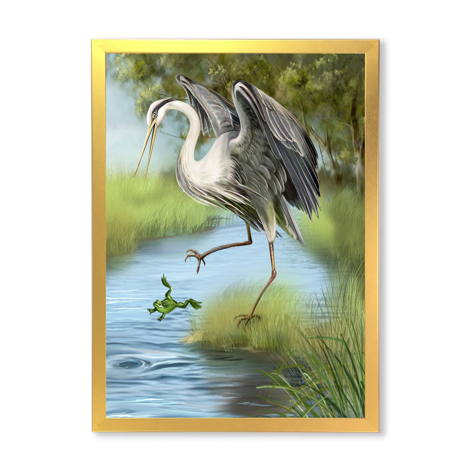 Designart 'Crane Hunting A Frog' Farmhouse Framed Art Print