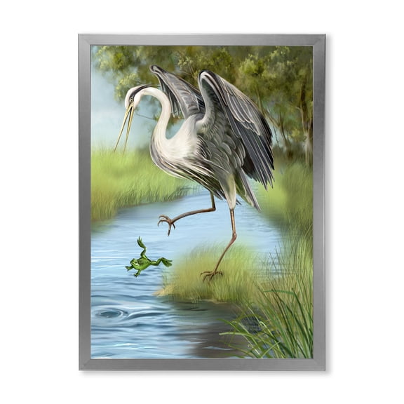 Designart 'Crane Hunting A Frog' Farmhouse Framed Art Print