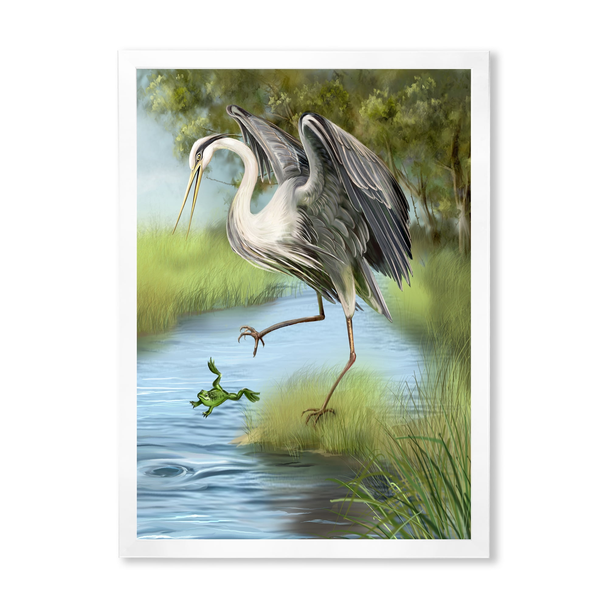 Designart 'Crane Hunting A Frog' Farmhouse Framed Art Print
