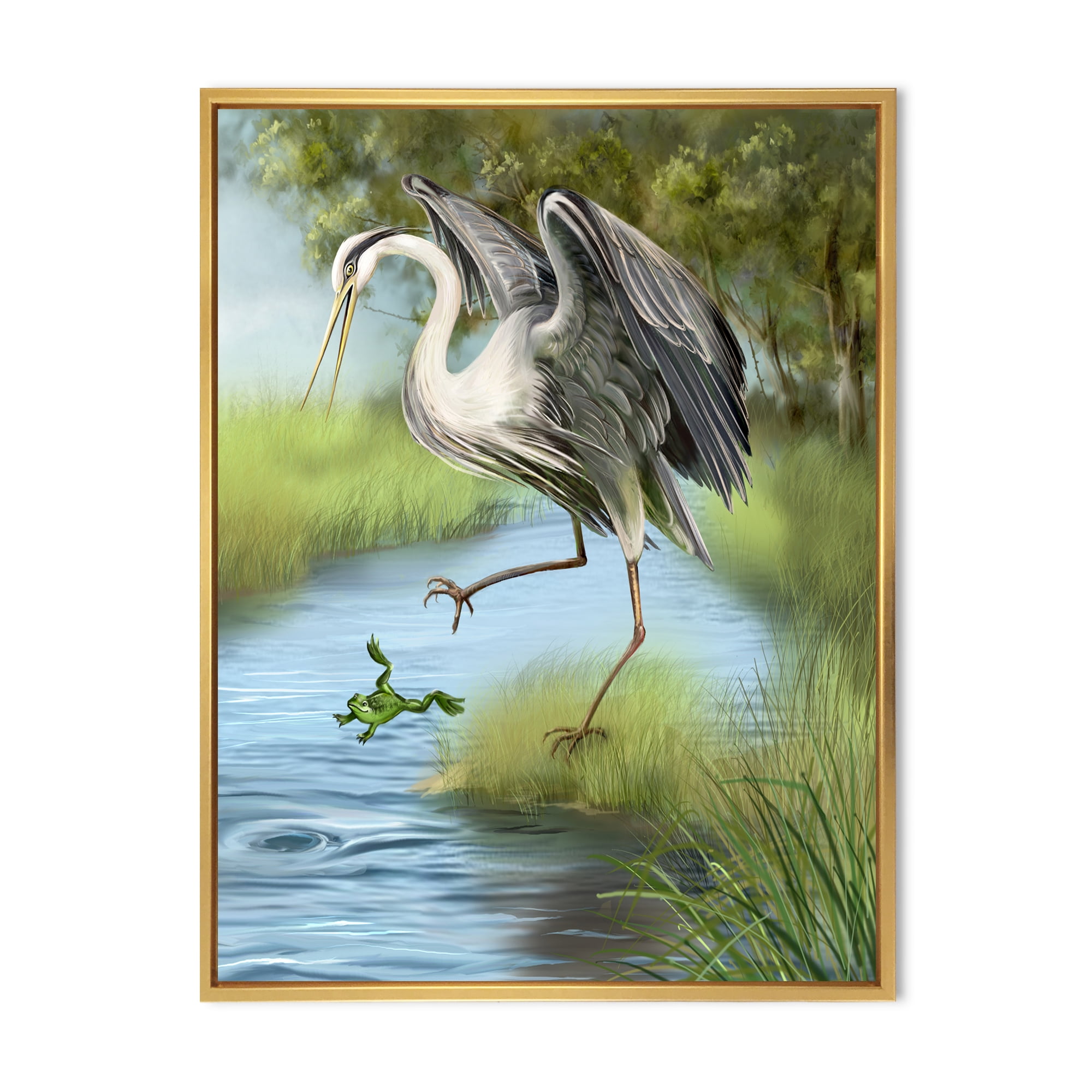 Designart 'Crane Hunting A Frog' Farmhouse Framed Canvas Wall Art Print