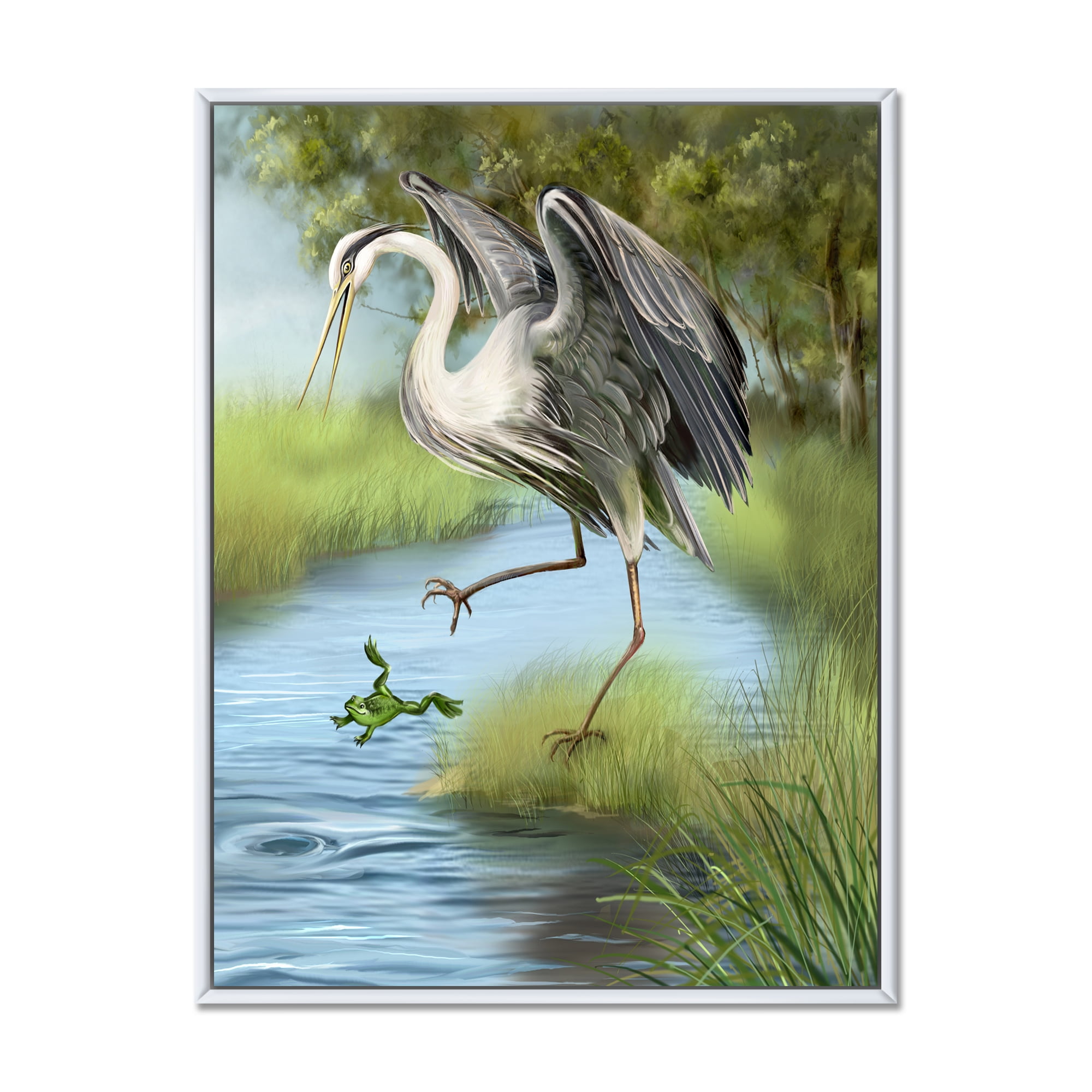 Designart 'Crane Hunting A Frog' Farmhouse Framed Canvas Wall Art Print