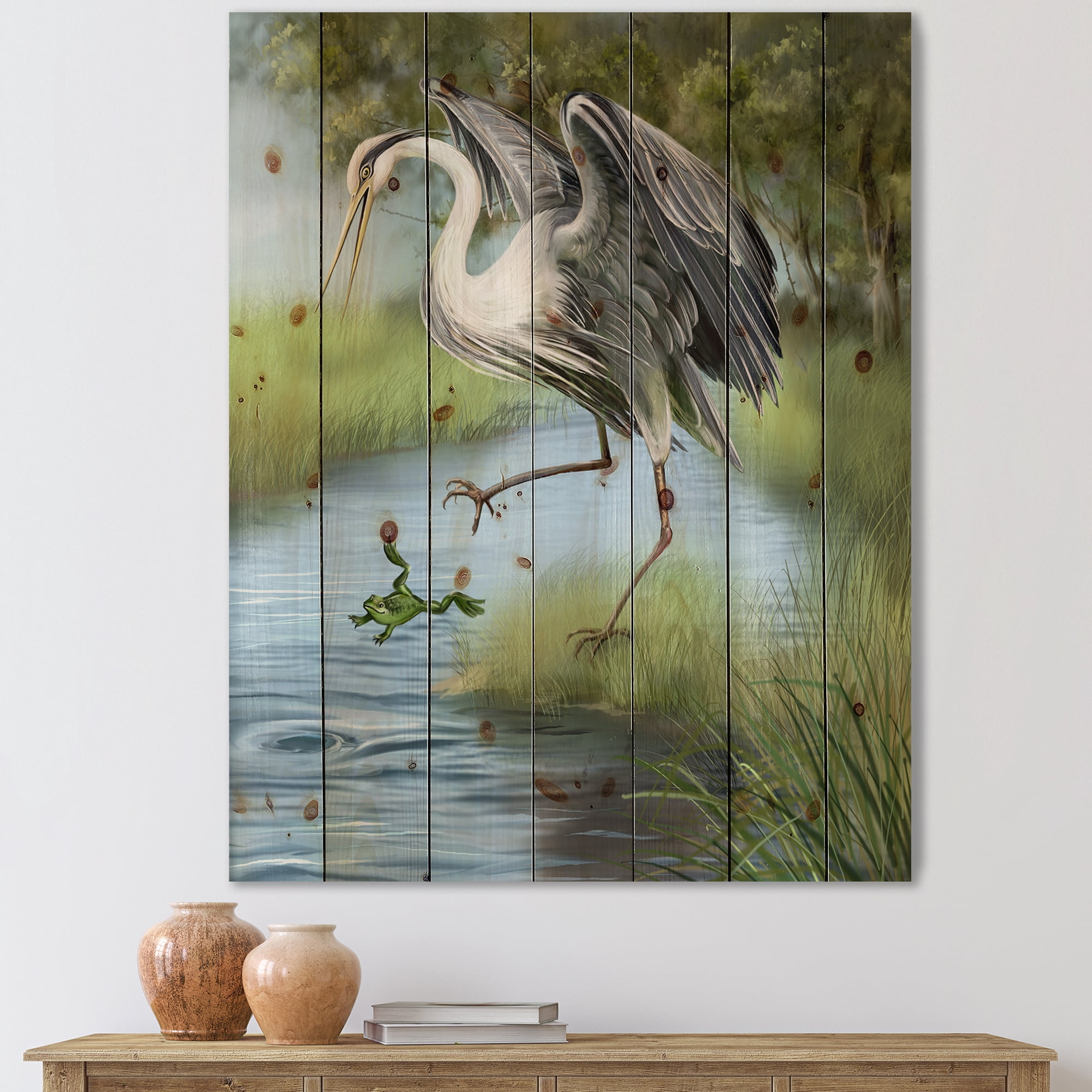Designart 'Crane Hunting A Frog' Farmhouse Print on Natural Pine Wood
