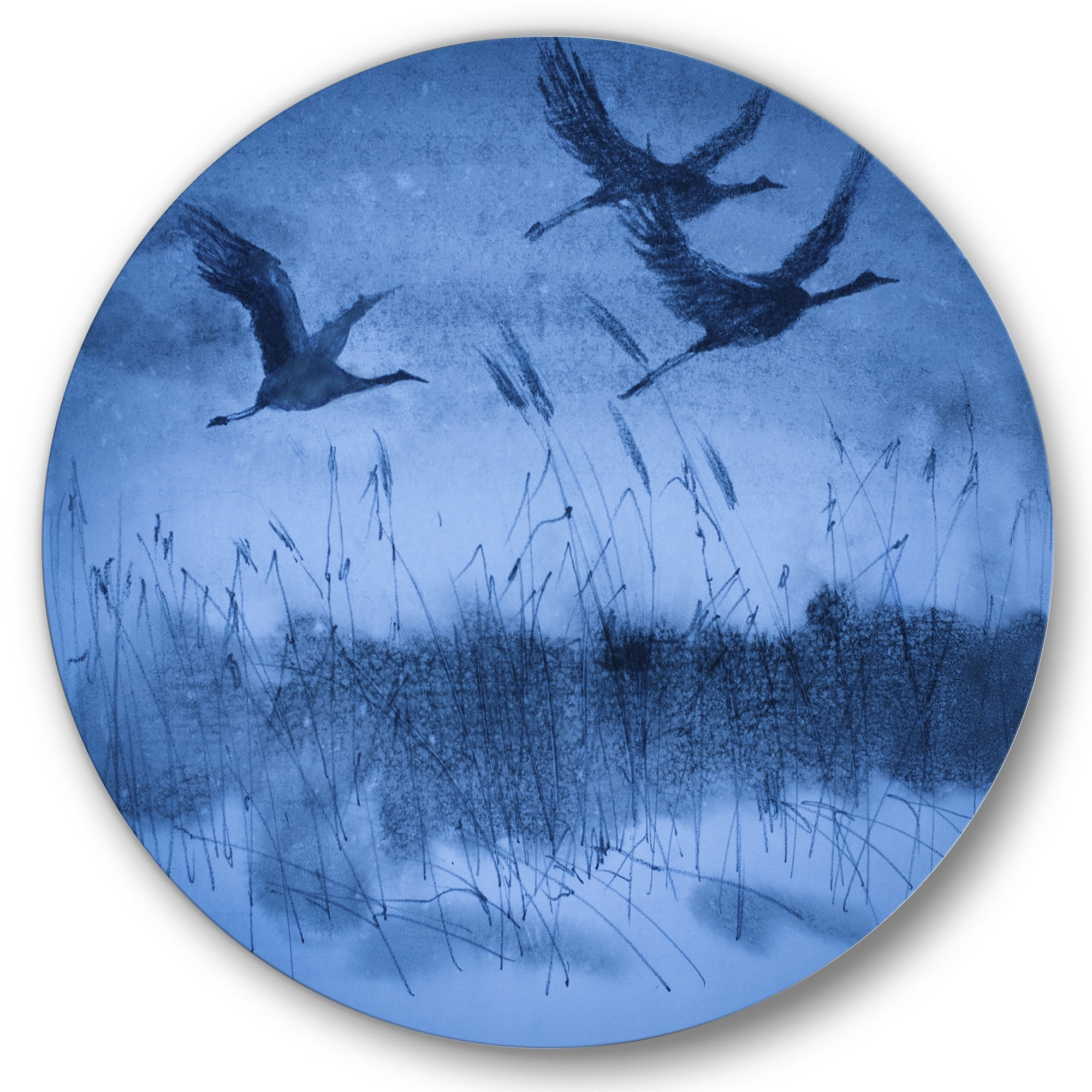 Designart 'Cranes In Flight During Blue Evening Light' Traditional Circle Metal Wall Art 29x29 - Disc of 29