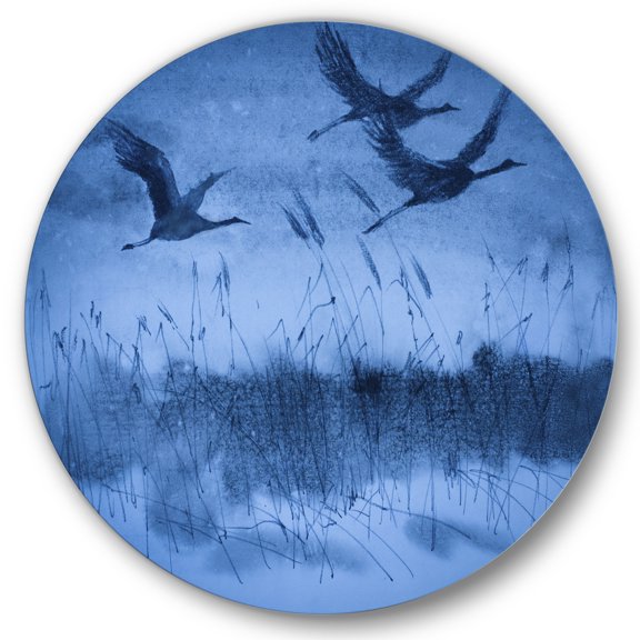Designart 'Cranes In Flight During Blue Evening Light' Traditional Circle Metal Wall Art 36x36 - Disc of 36
