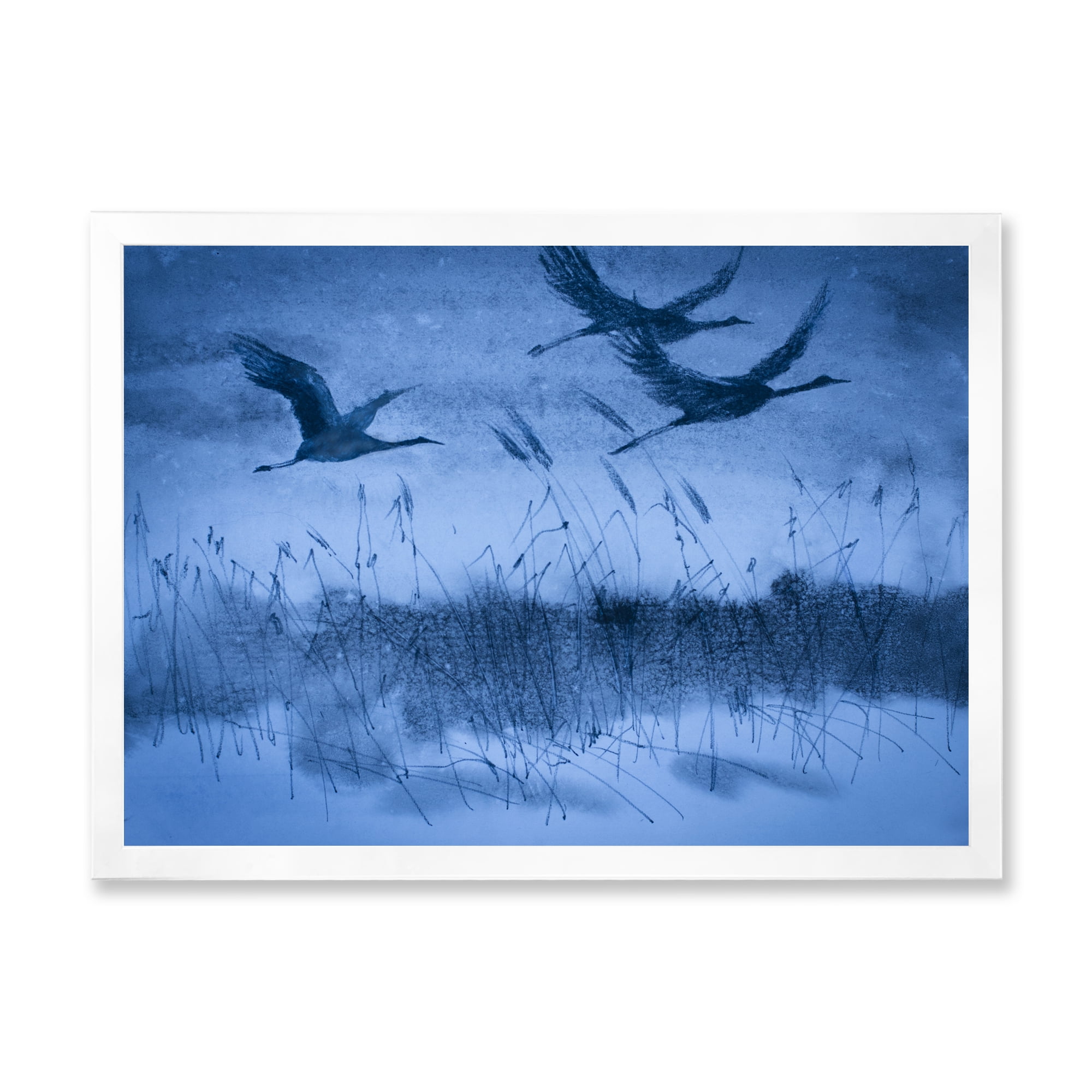 Designart 'Cranes In Flight During Blue Evening Light' Traditional Framed Art Print