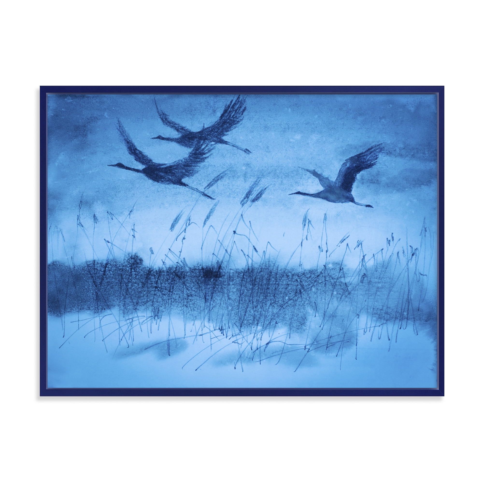 Designart 'Cranes In Flight During Blue Evening Light' Traditional Framed Canvas Wall Art Print