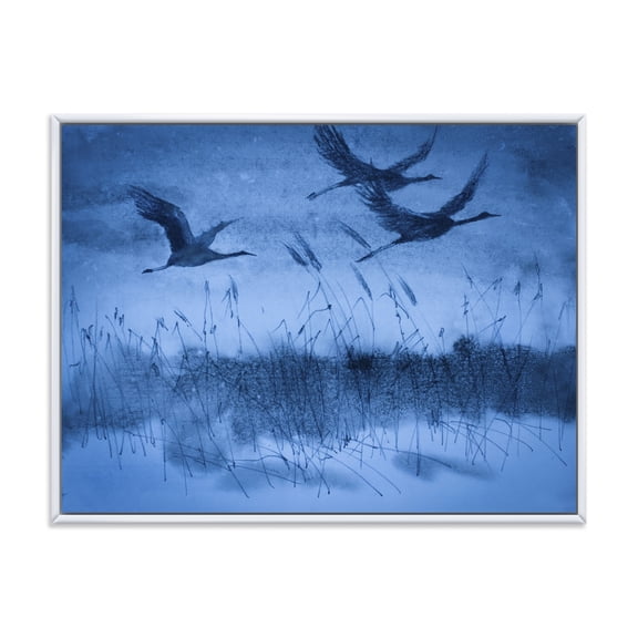 Designart 'Cranes In Flight During Blue Evening Light' Traditional Framed Canvas Wall Art Print