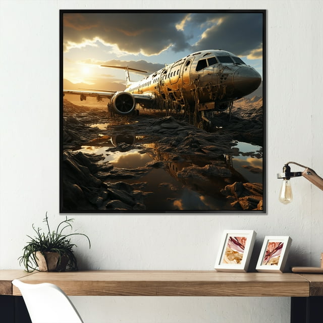 Designart "Crashed Plane in the Jungle in Orange" Transportation Framed Wall Art - Orange Plane Hallway Framed Wall Art Decor