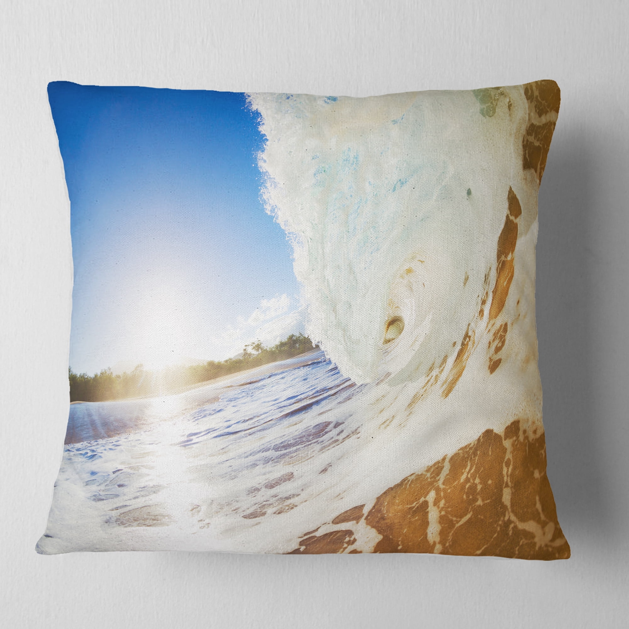Designart Crashing Sandy Ocean Waves - Modern Beach Throw Pillow - 18x18