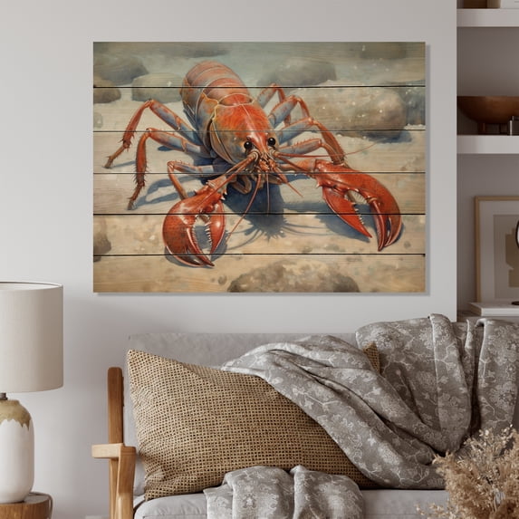 Designart "Crayfish in Freshwater II" Animals Print on Natural Pine Wood