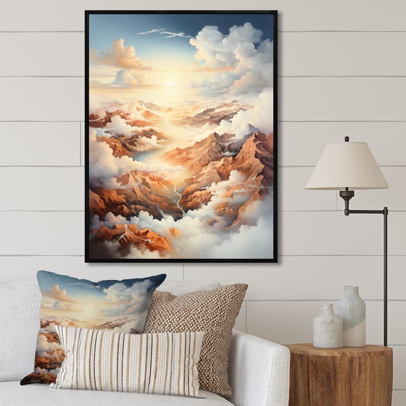 Designart "Cream And Taupe Clouds Minimalist View" Clouds Floater Framed Canvas Prints