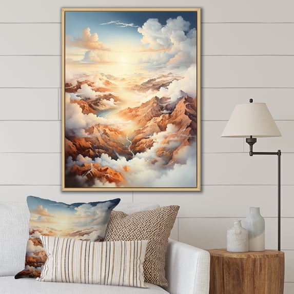 Designart "Cream And Taupe Clouds Minimalist View" Clouds Floater Framed Canvas Prints