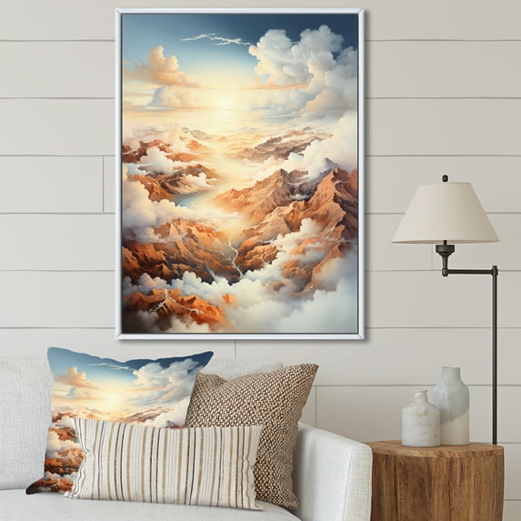 Designart "Cream And Taupe Clouds Minimalist View" Clouds Floater Framed Canvas Prints