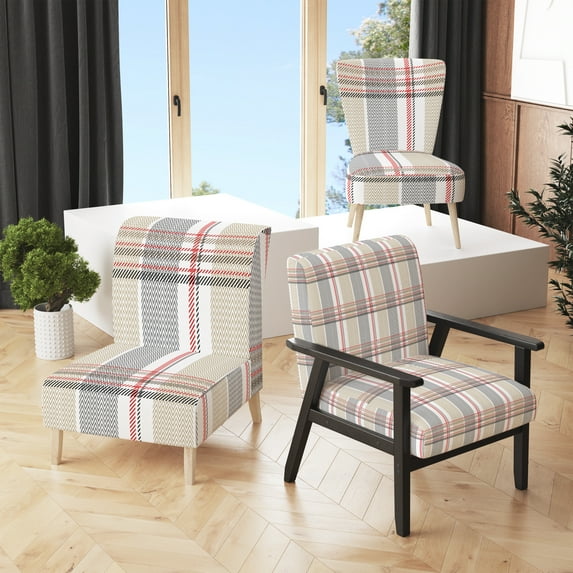 Designart "Cream Checked Tartan" Upholstered Patterned Accent Chair and Arm Chair