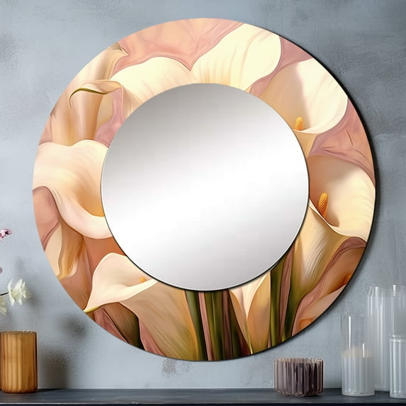 Designart "Cream Pink Lily Serenade Soft Florals" Floral Rund Mirror For Wall Decor - Large Cream Round Printed Mirror -Traditional Round Living Room Mirror - 23" x 23"