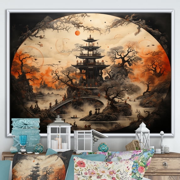 Designart "Cream Tangerine Dharma Cycle Of Existence" Spiritual Floater Framed Wall Art Print