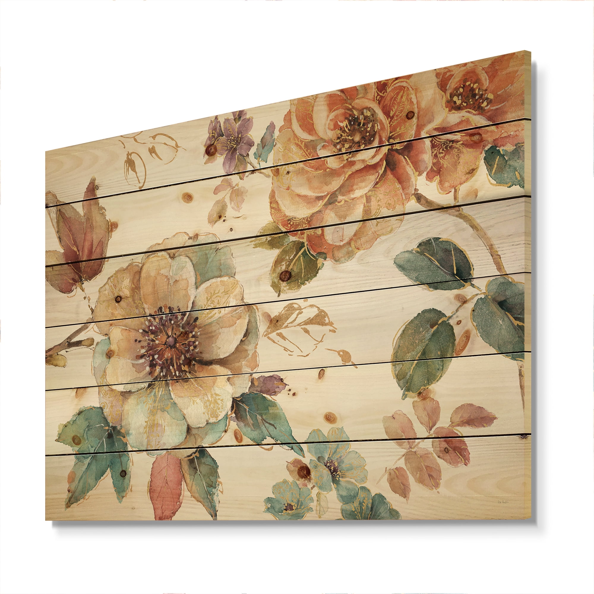Designart 'Cream and Orange Cottage Flowers Twig' Traditional Print on Natural Pine Wood
