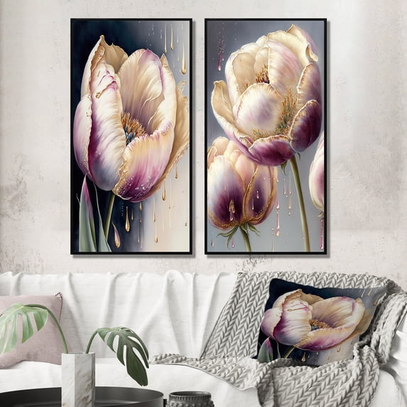 Designart "Creamy and Purple Tulip Beauty I" Tulip Framed Wall Art Set Of 2 - White Floral Framed Canvas Set For Living Room Decor
