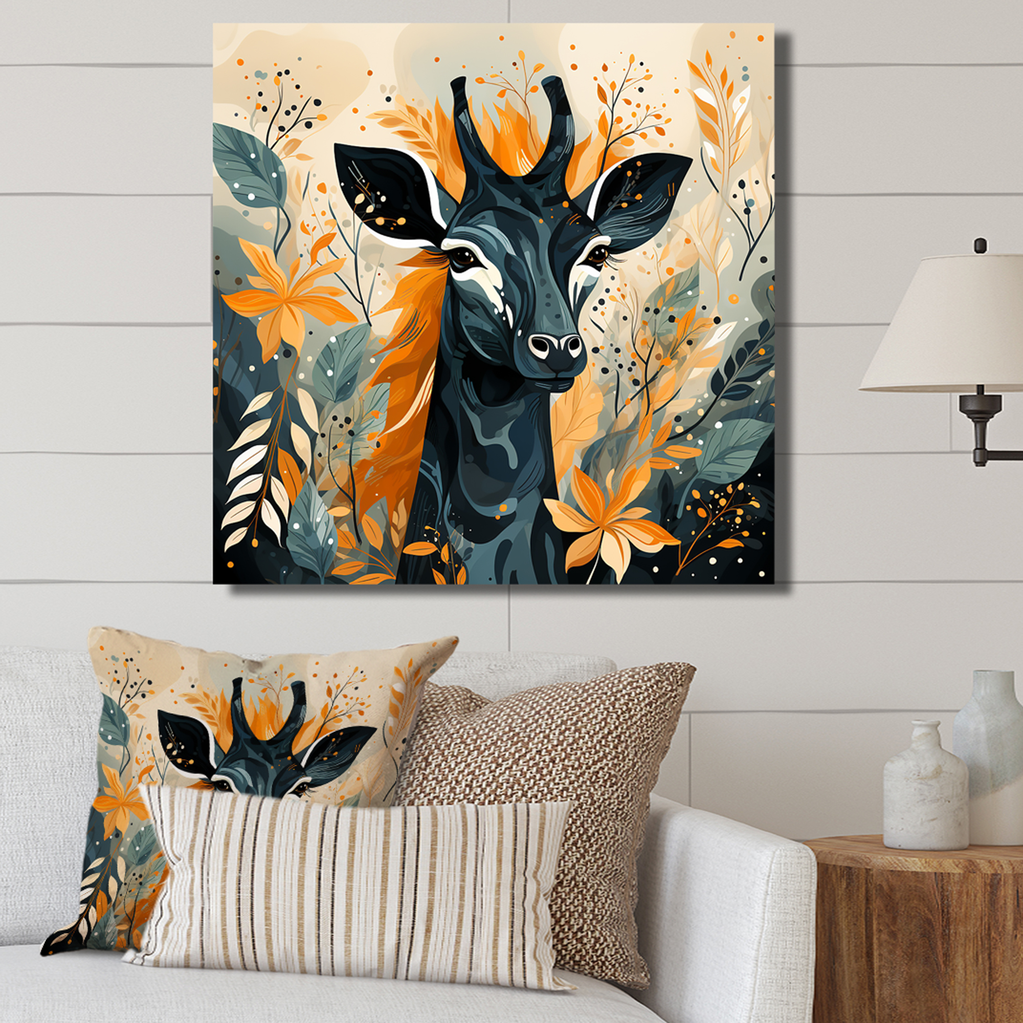Designart "Creative Giraffe Groove in Yellow and Blue II" Animals Wall ...