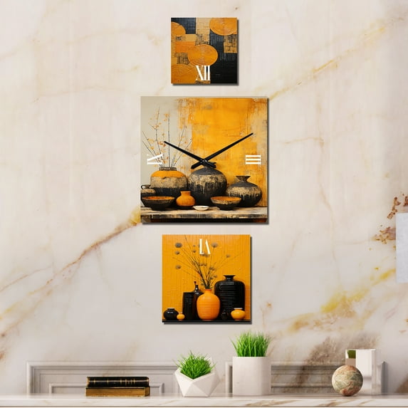 Designart "Creative Sunny Ceramics" Abstract & Fractals Multipanel Clock For Living Room Décor - Large Traditional Wall Clock - Oversized Yellow Wall Clock - Set Of 3