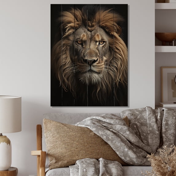 Designart "Creature Fierce Mane" Animals Print on Natural Pine Wood