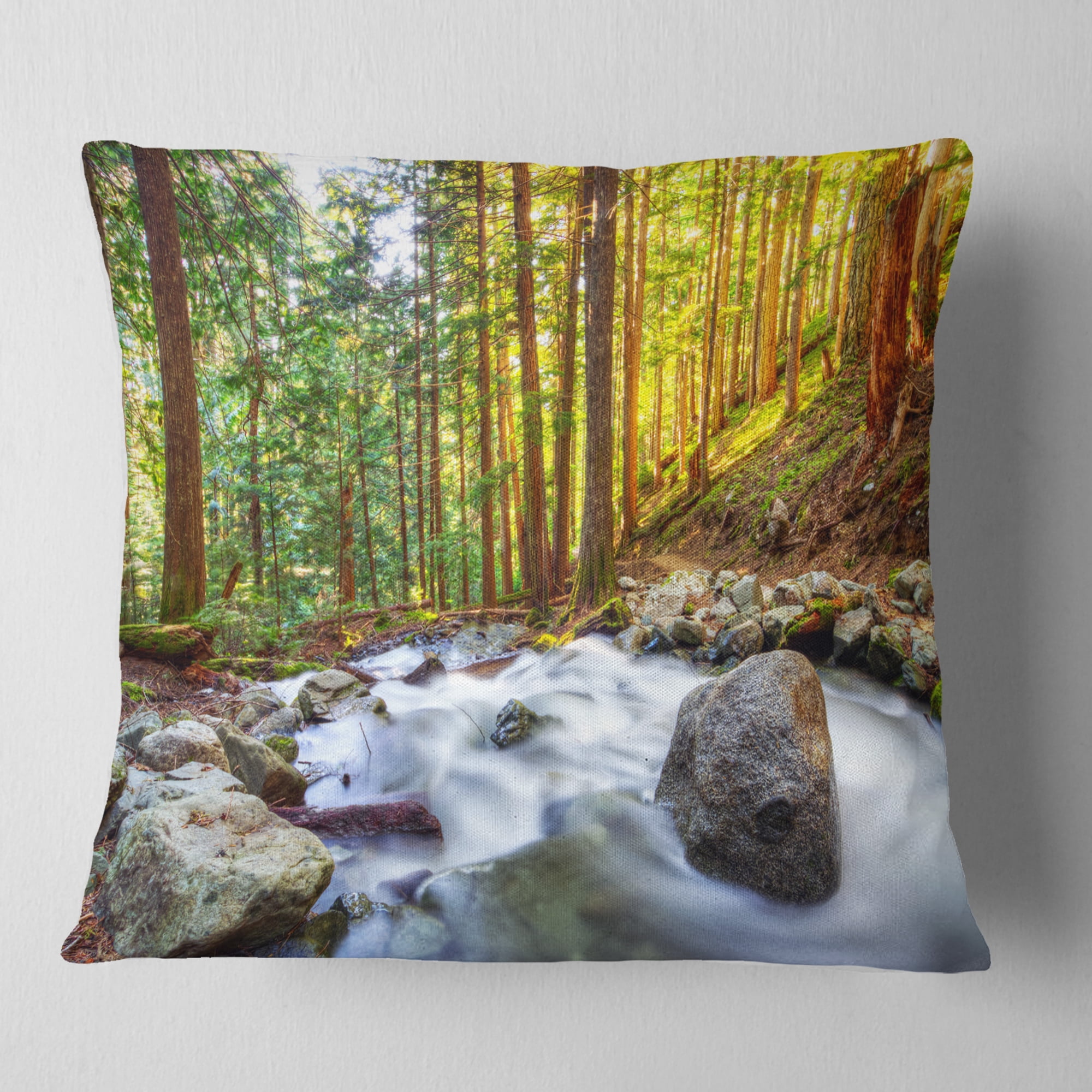 Designart Creek Flowing Through Forest - Landscape Printed Throw Pillow - 18x18