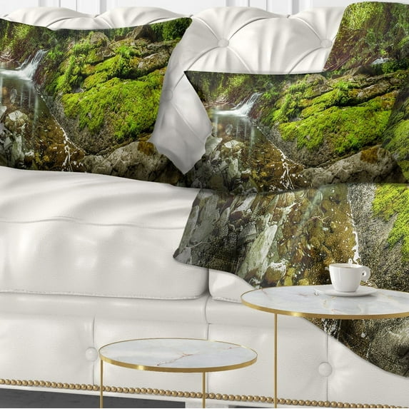 Designart Creek Moss and Rocks Panorama - Landscape Printed Throw Pillow - 12x20