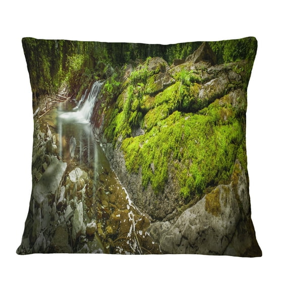 Designart Creek Moss and Rocks Panorama - Landscape Printed Throw Pillow - 16x16