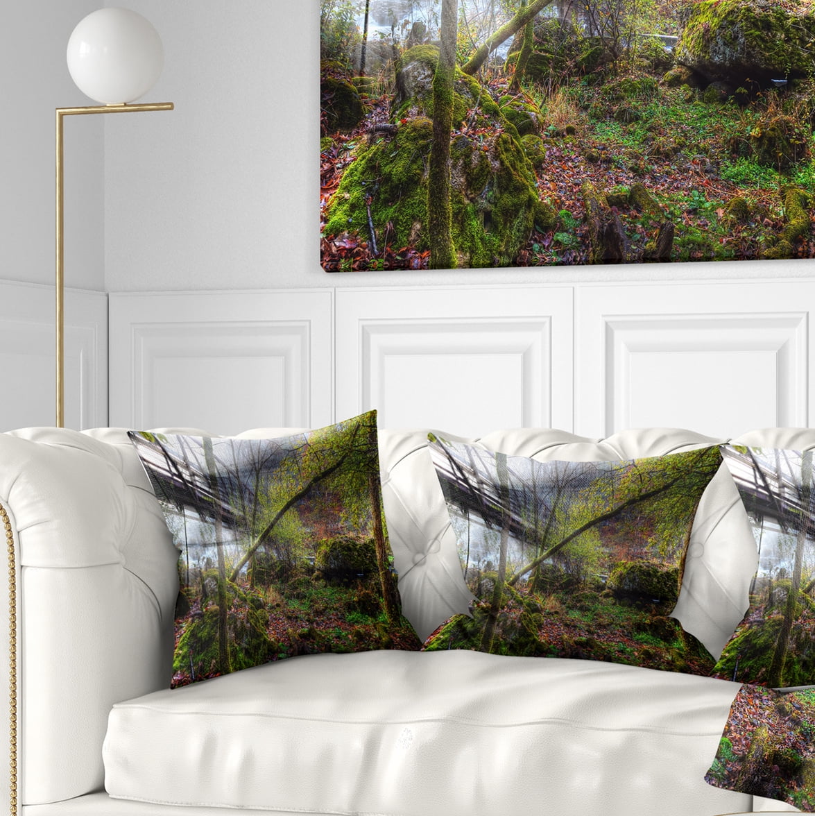 Designart Creek and Bridge with Sunbeams - Landscape Photography Throw Pillow - 16x16