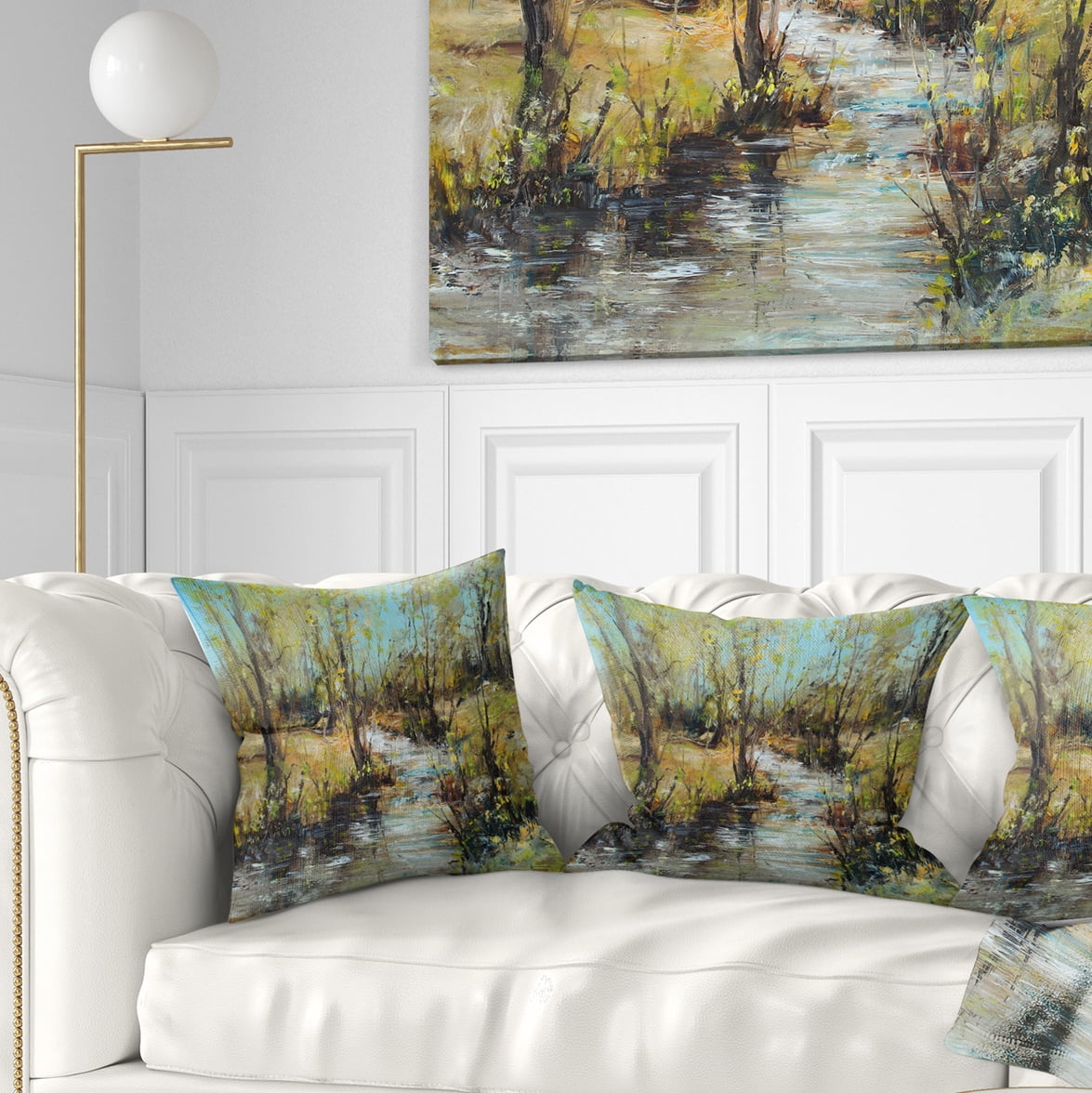 Designart Creek and Woods Oil Painting - Landscape Painting Throw Pillow - 18x18