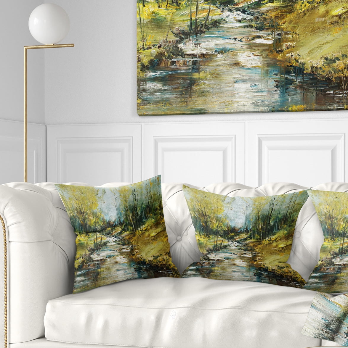 Designart Creek in the Forest Oil Painting - Landscape Painting Throw Pillow - 16x16