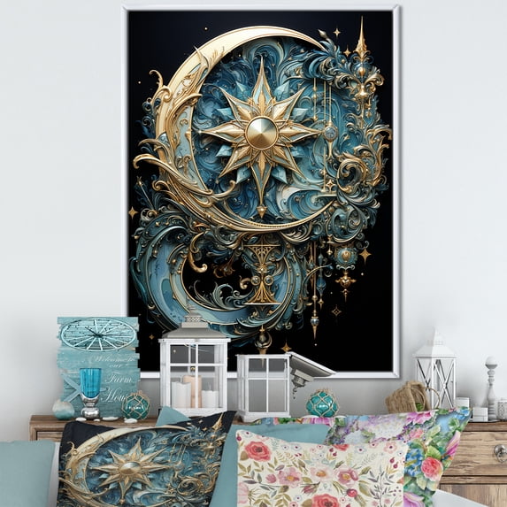 Designart "Crescent Moon and Stars Symbols" Symbols Floater Framed Canvas Print