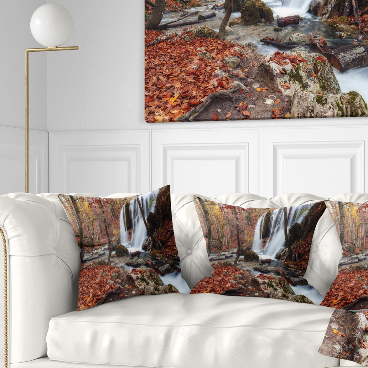 Designart Crimea Waterfall in the Fall - Landscape Photo Throw Pillow - 16x16