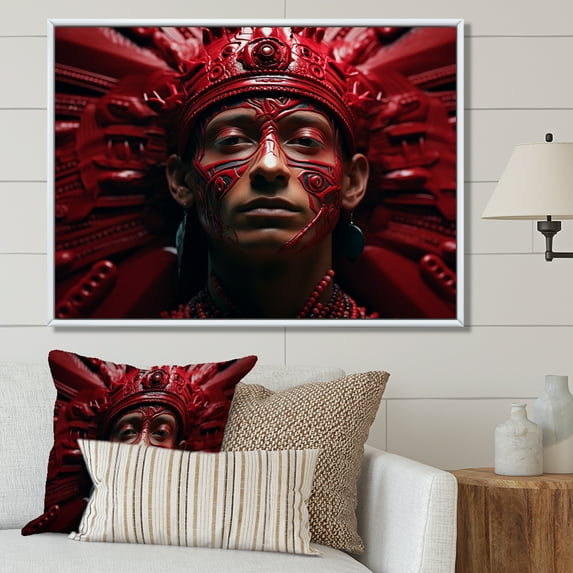 Designart "Crimson And Onyx Aztec Fighter Likeness I" African Mask Floater Framed Wall Decor