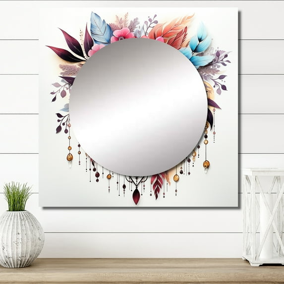 Designart "Crimson Bohemian Blossoms And Blue Plumage II" Dream catcher Square Mirror For Wall Decor - Large Pink Square Mirror Printed Wall Decor - Traditional Square Living Room Mirror
