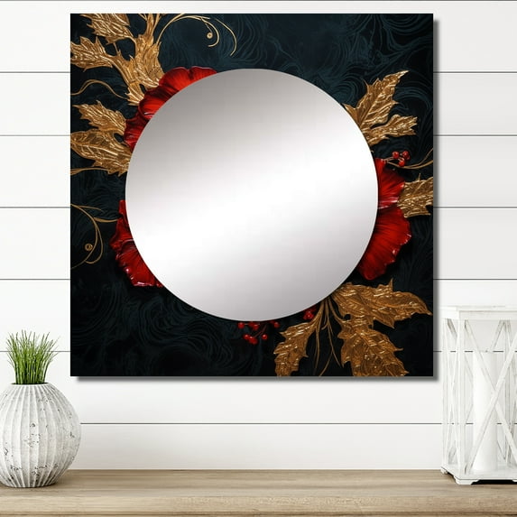 Designart "Crimson Splendid Gilded Hibiscus on Black" Hibiscus Red Large Square Mirror - Square Bedroom Mirror Printed Wall Decor - Traditional Square Printed Wall Mirror Art