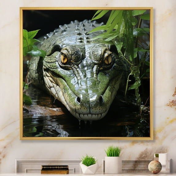 Designart "Crocodile Waters Keeper" Animals Floater Framed Wall Art Living Room