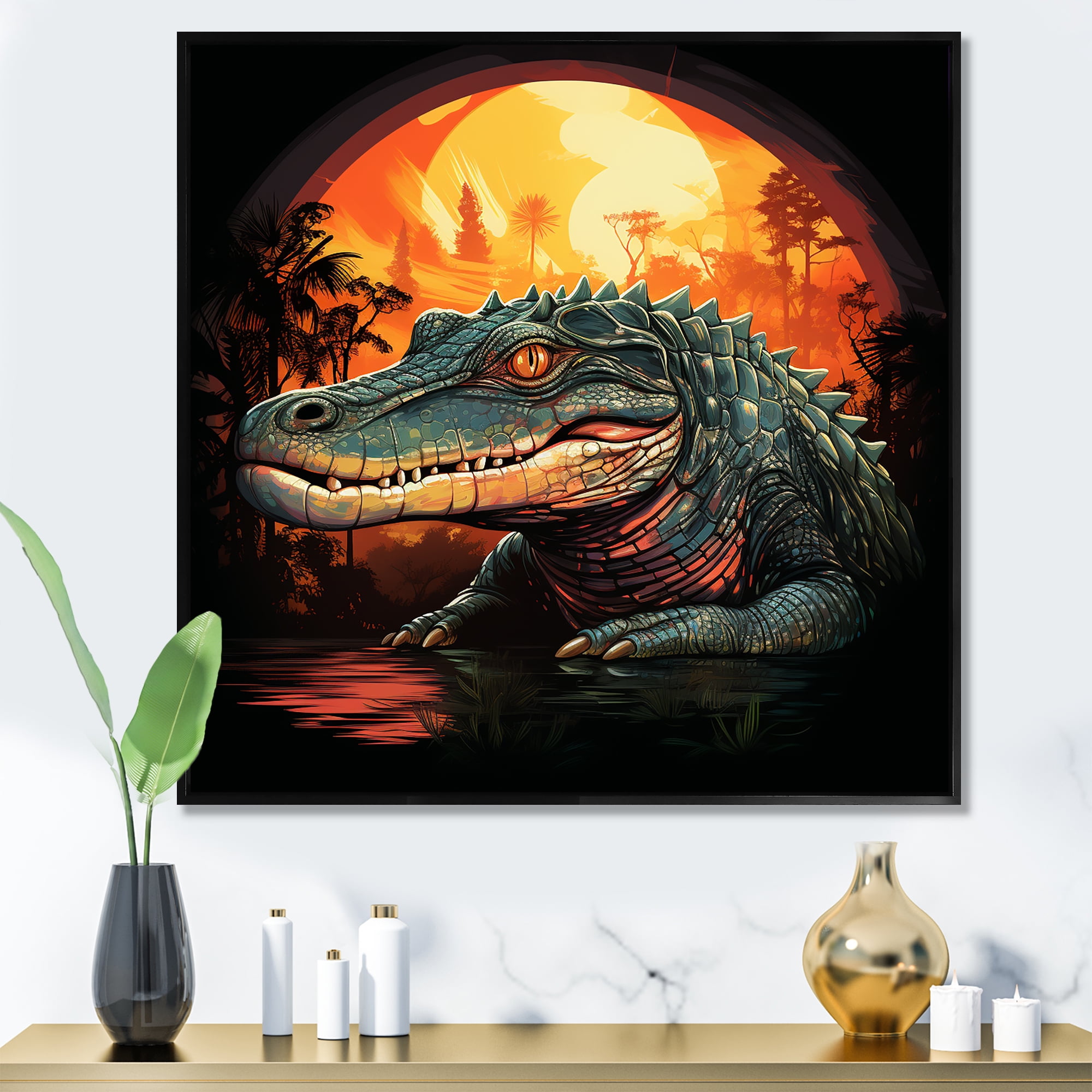 Designart "Crocodile at Sunset" Animals Framed Wall Art Traditional