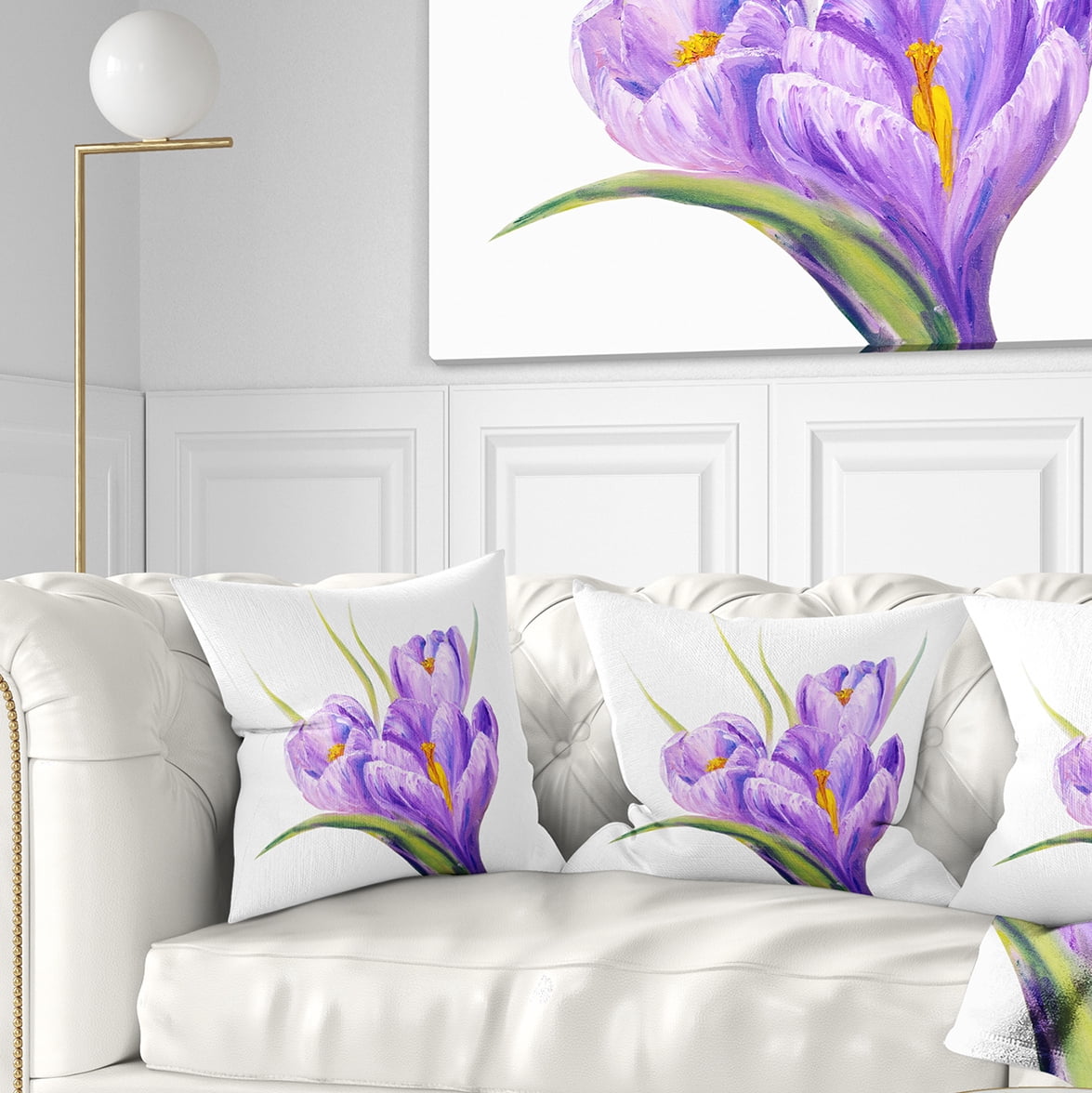 Designart Crocuses in White Background - Floral Throw Pillow - 16x16