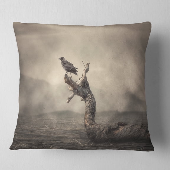 Designart Crow Perching on Tree - Animal Throw Pillow - 18x18