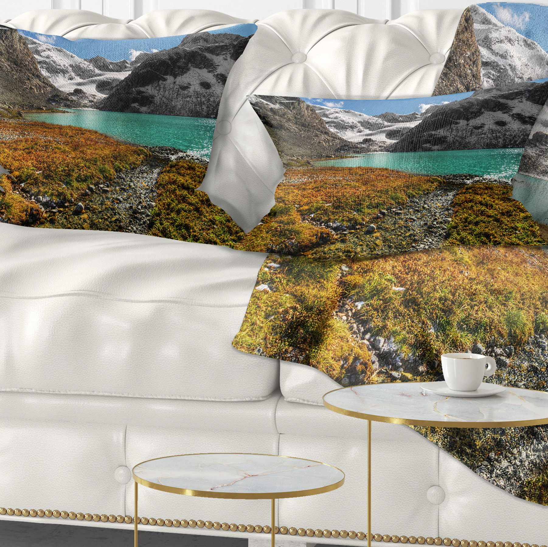 Designart Crystal Clear Lake among Mountains - Landscape Printed Throw Pillow - 12x20