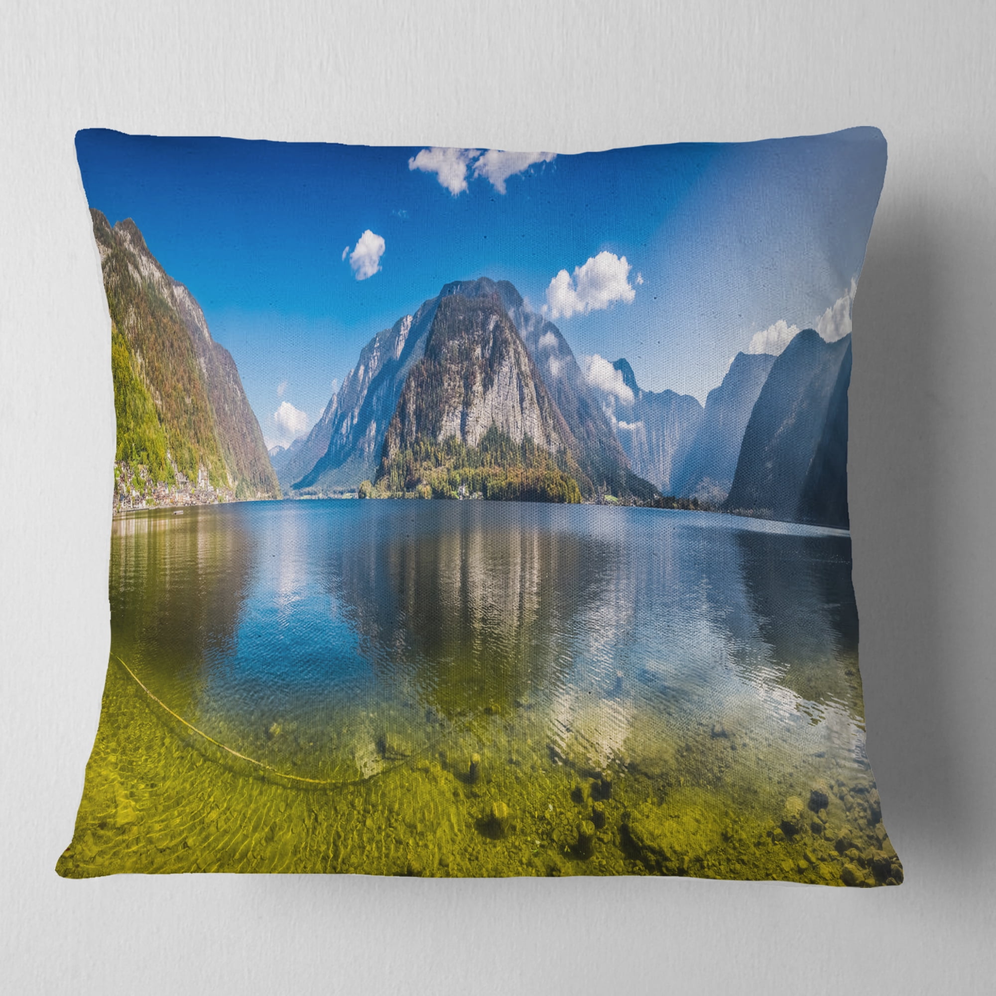 Designart Crystal Clear Mountain Lake in Alps - Landscape Printed Throw Pillow - 18x18