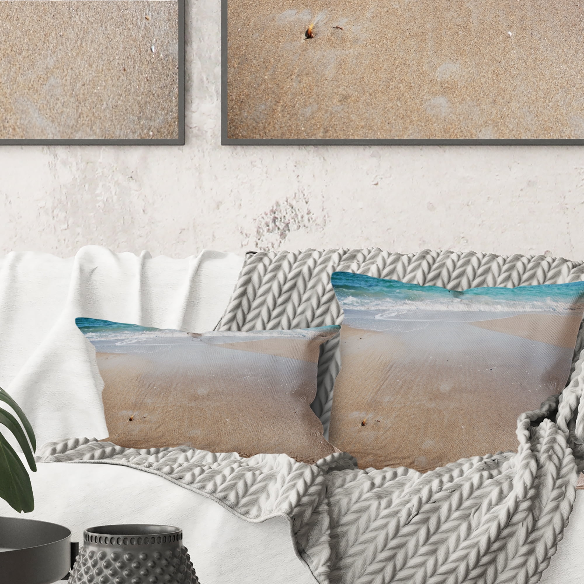 Designart Crystal Clear Sea Waves on Beach - Modern Beach Throw Pillow - 18x18